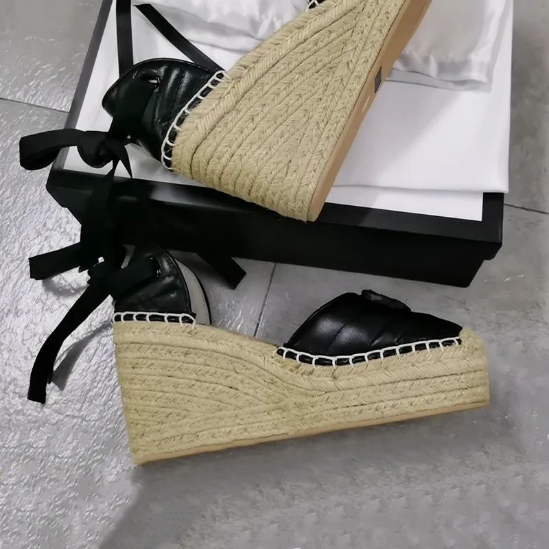 المرأة المفتوحة منصة منصة espadrille مصمم الصنادل حزام جولة إسفين كعب أسود الكعب الأزياء الدانتيل متابعة جلد طبيعي الصياد الزفاف