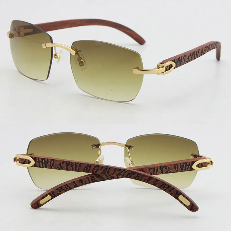 Wholesale Selling T8100905 High Quality Fashion Wood Sunglasses Carved Wooden Rimless 18K Gold Glasses UV400 Lens male and female Frames Frame Size:57-18-135mm