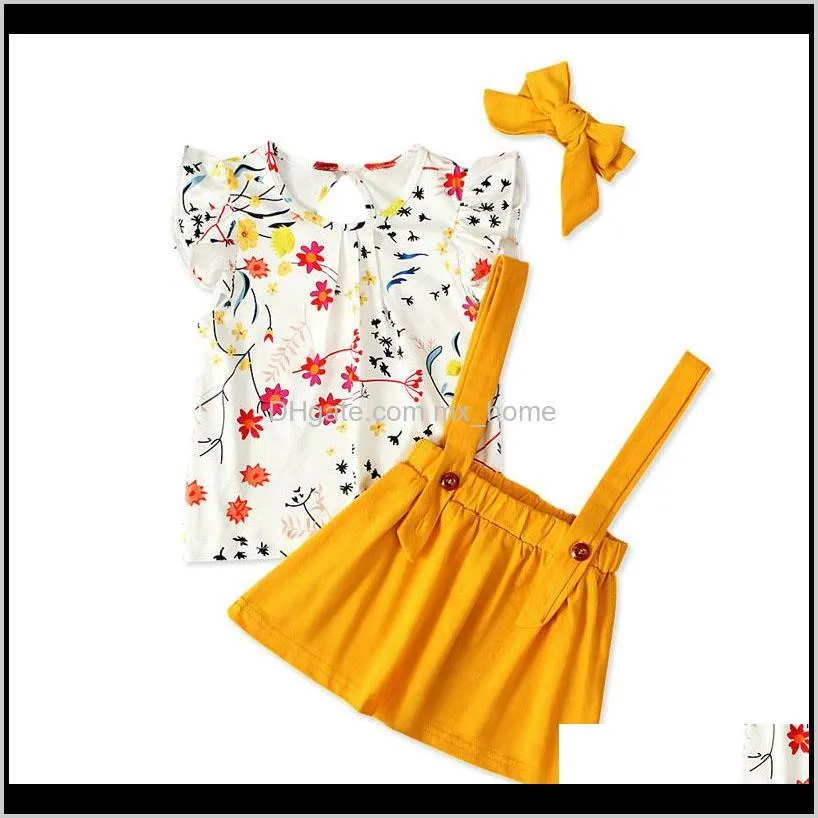 kids girls clothing sets petal sleeve floral printed strap dress kids desinger clothes girls three-piece suit bow tie headband 6m-5t