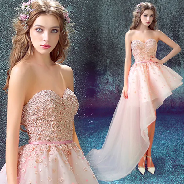 Moda rosa hi-lo strapless pageant vestidos lace-up pérolas bordados vestido de festa curta sexy vestido de noite de volta