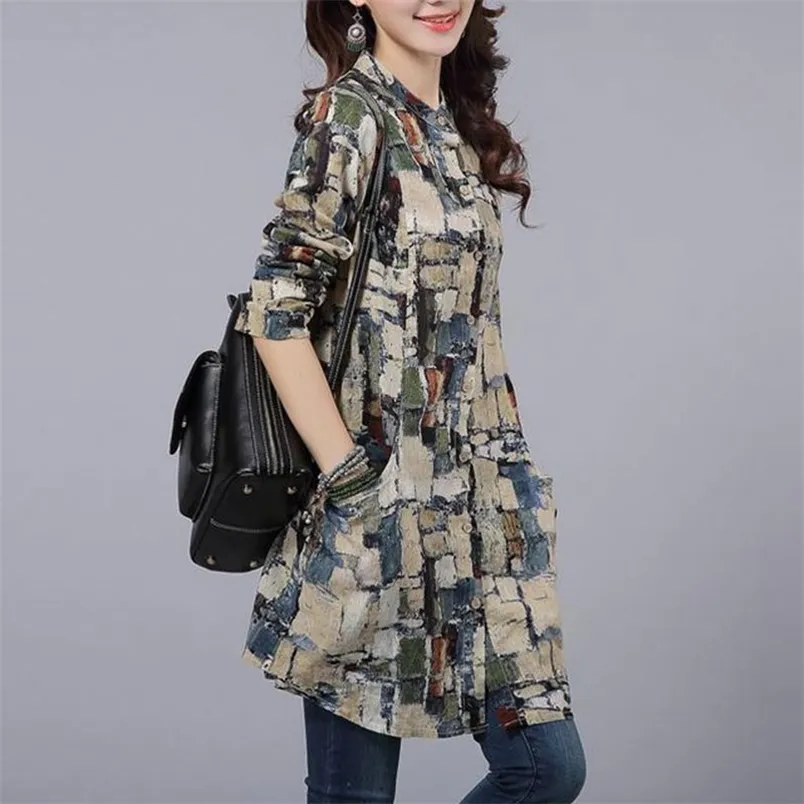 Spring Autumn Women Loose Casual Shirt Plus Size Vintage Print Cotton Linen Long Tops Ladies Stand Collar Blouses D146 210512