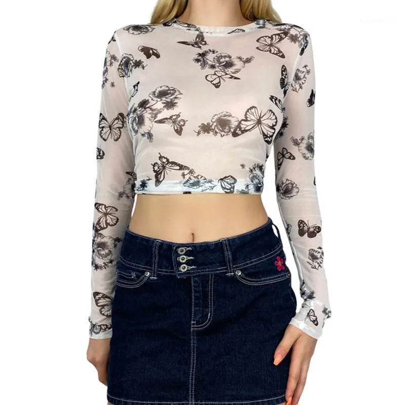 Damska koszulka Kobiety Sheer Mesh Topy, Seksowny Z Długim Rękaw Runda Neck Butterfly Floral Print T-Shirts
