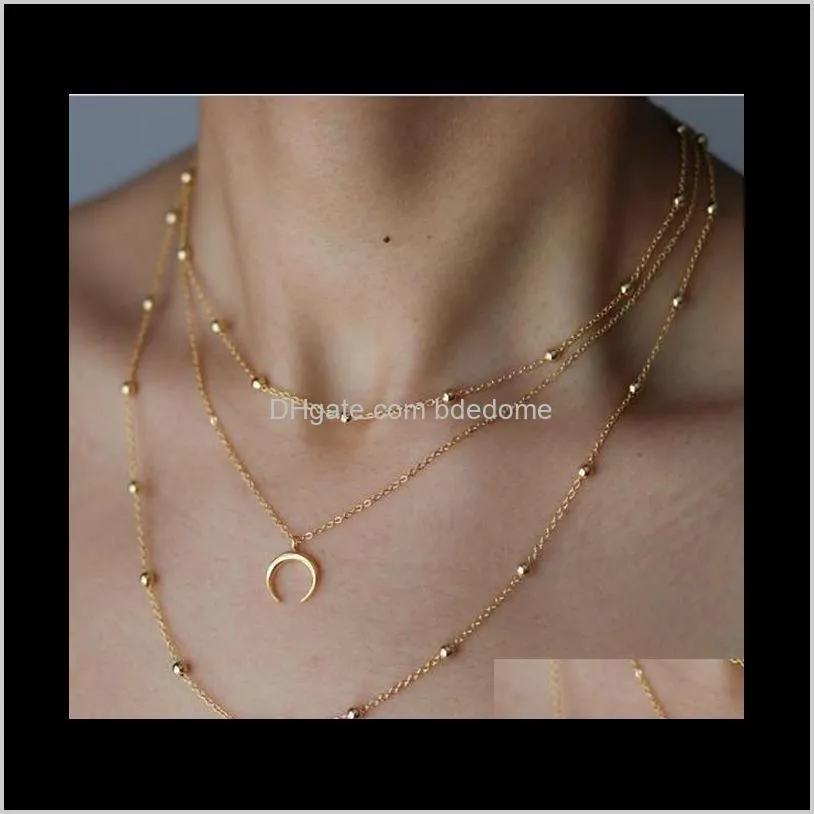 three layers necklace metal bead charm chain choker moon ox horn pendant silver gold color plated for women sexy gift