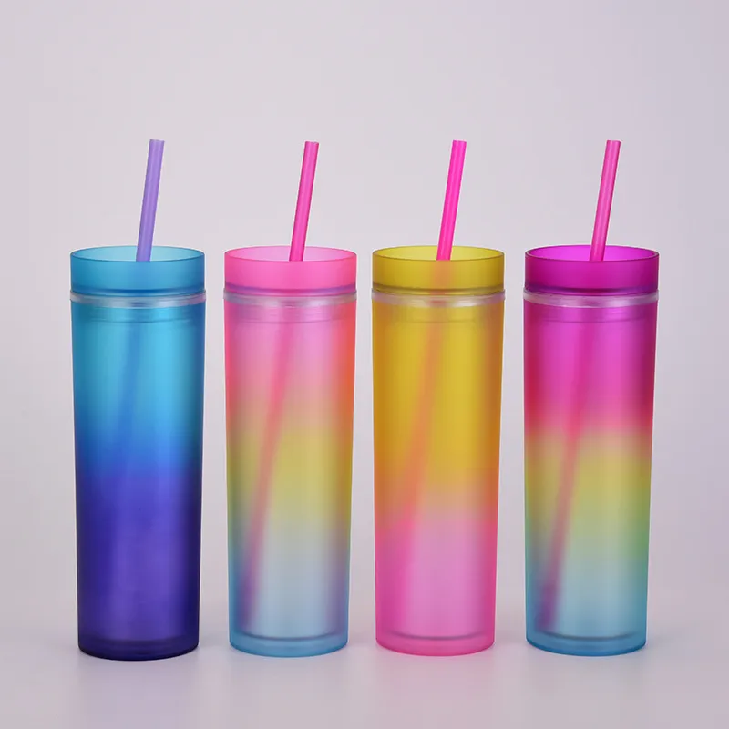 16oz Straight Skinny Acrylic Tumbler with Lid Straw Gradient Colors Plastic Cup 480ml Double Wall Acrylic water bottle BPA WLL883