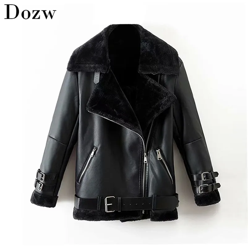 Women Stylish Faux Leather Coat Black Color Fashion PU Jacket With Belt Thicken Warm Long Sleeve Coats Ladies Winter Outerwear 210515