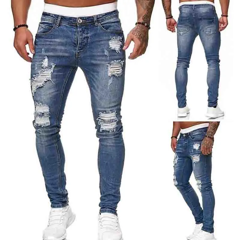 Calça Jeans Rasgada Moda Masculina Casual Masculina Skinny Jeans Lavado de Alta Qualidade Calça Lápis Vintage 5 Cores Tamanho S-3XL236t