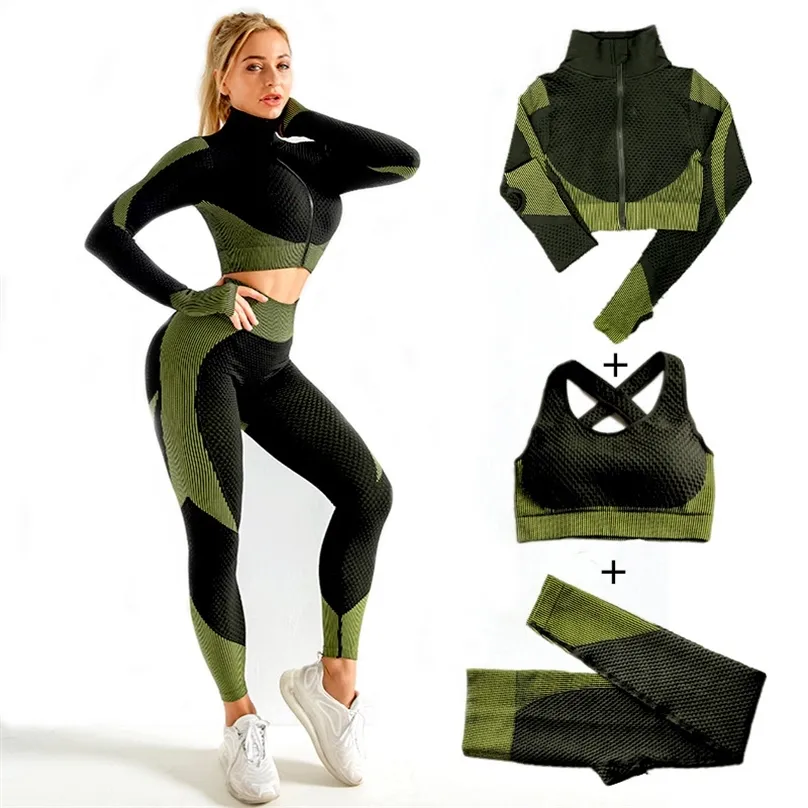 Mulheres sem costura yoga conjuntos 2 pçs / 3 pcs feminino zíper tracksuit manga comprida + sutiã esportivo + leggings ternos esportivos fitness s-xl tamanho 210802