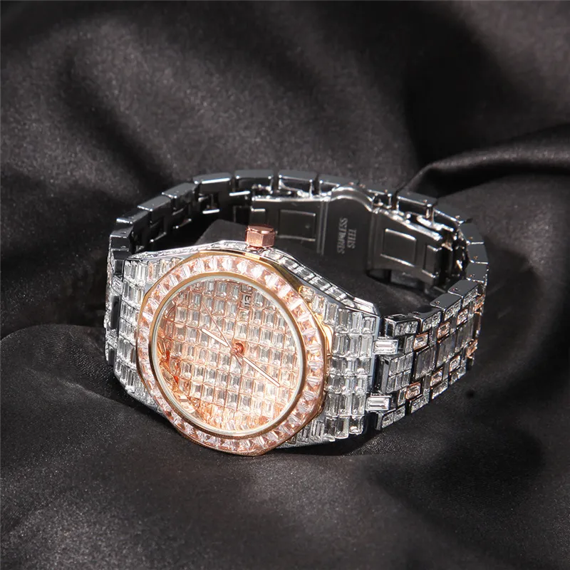 Trendy Mannen Hiphop Horloge Armband Vergulde Volledige Bling CZ Diamond Stone Quartz Horloges Armbanden voor Heren Sieraden Gift2696