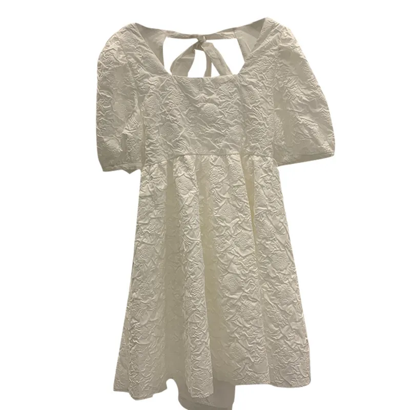 Witte geplooide donkerloze mini gedrukte jurk vierkante kraag korte bladerdeeg mouw losse mode patry elegante prom zomer 16W871 210510