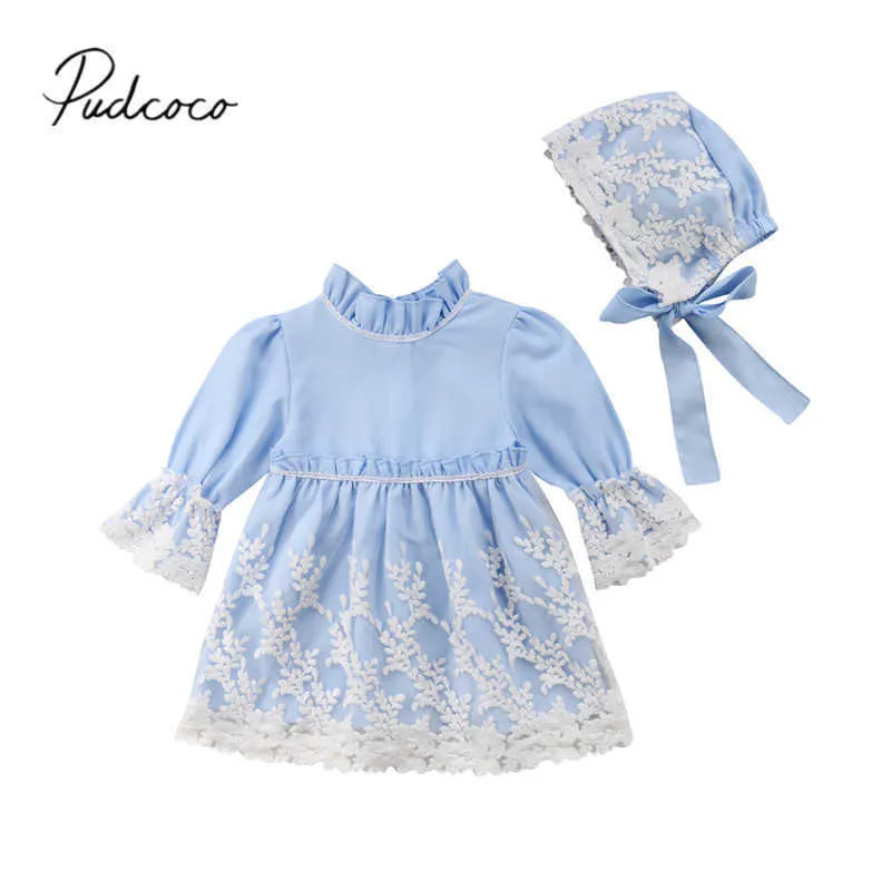 Brand New Princess Toddler Baby Girl Party Dress 2st Longsleeve Lace Flower Turtleneck Blå Klänning + Hat Floral Chiffon Klänning Q0716