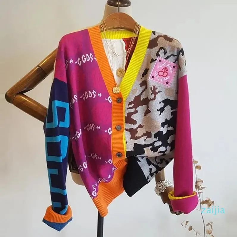 2021 Новый модный свитер с длинным рукавом, повседневный кардиган, осенний вязаный свитер в стиле пэчворк с v-образным вырезом, модный вязаный свитер с буквенным принтом
