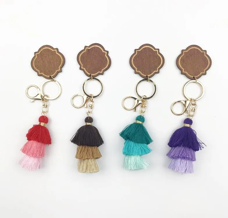 Personalized Wooden Keychain Party Favor Three-layer Cotton Tassel and Chip Pendant Key Ring Multicolor DD771