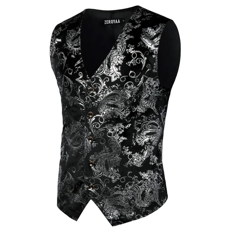 Męskie Sliver Metallic Paisley Print Vest Breasted V-Neck Kamizelka Kamizelka Tuxedo Kamizelka Gotycka Arystokrata Steampunk Wiktoriański Gilet 210522