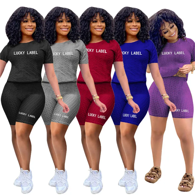 Lucky Label Verão Mulheres Outfits Bordado Letras De Bordado T-shirts de Manga Curta + Calças Curtas Dois Parte Set Plus Size 2XL Jogger Terno Casual Suor Suor 4805