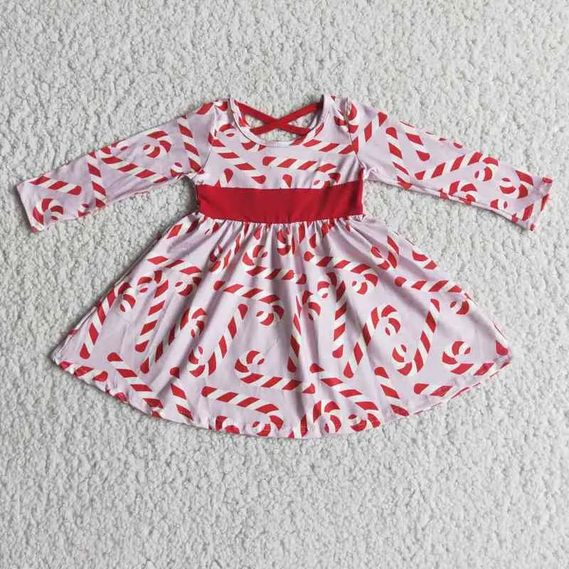 도매 아기 소녀 파티 공주 드레스 크리스마스 캔디 지팡이 드레스 긴 소매 크로스 스트랩 겨울 드레스 G1215