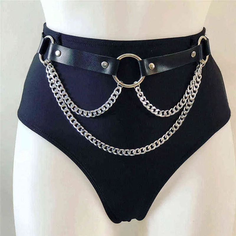 Sexy Pub Female Leather Skirt Belts Punk Gothic Rock Harness Waist Metal Chain Body Bondage Hollow Belt Accessories for Lady Y220301