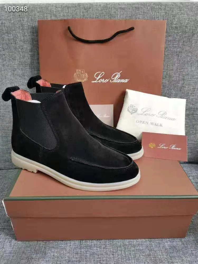 Stövlar Suede Leather Chelsea Womens High Top Boots Luxury Designer Mens Loro Walk Shoe Short Boot Mocassin 35-46 Z230721