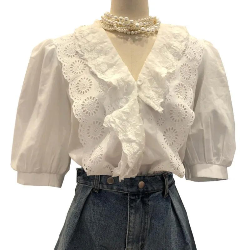 Sweet Lace Edge Patchwork Blouse Women Shirts Summer Puff Short Sleeve Womens Tops Single Breasted Blusas Mujer 210514