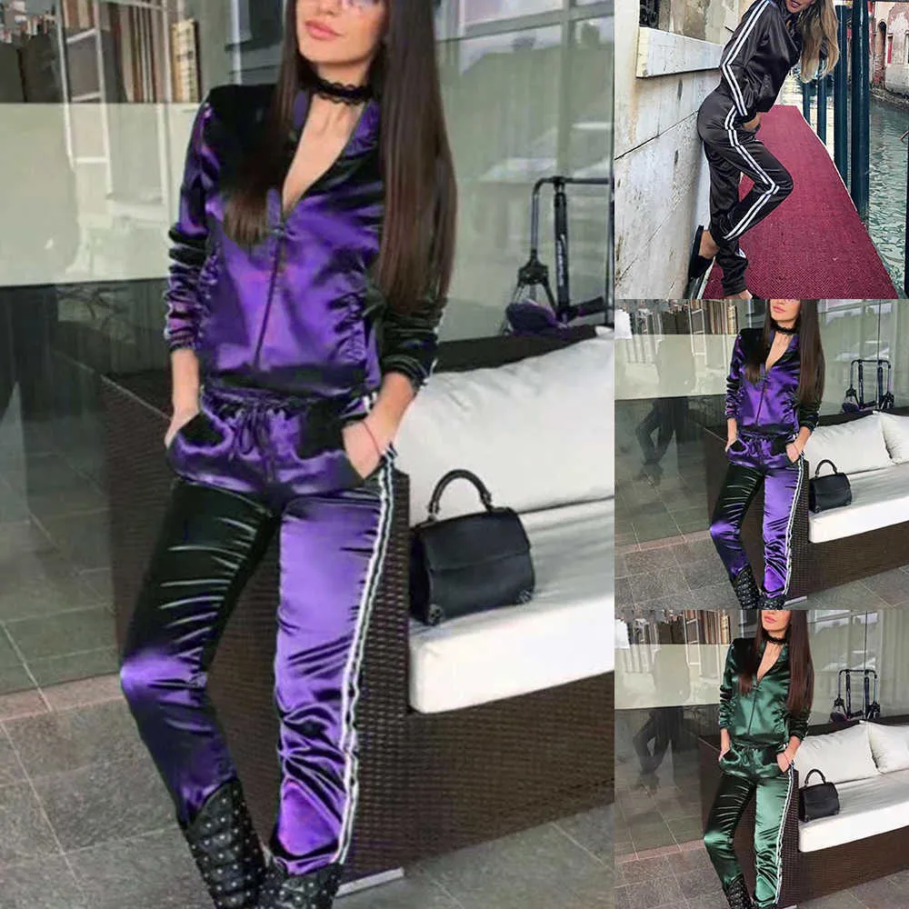 A righe Sport 2 Pezzi Set Autunno Causale Top E Pantaloni 2020 Donne Tuta Raso Patchwork Cerniera Felpa Sexy Tuta Y0625