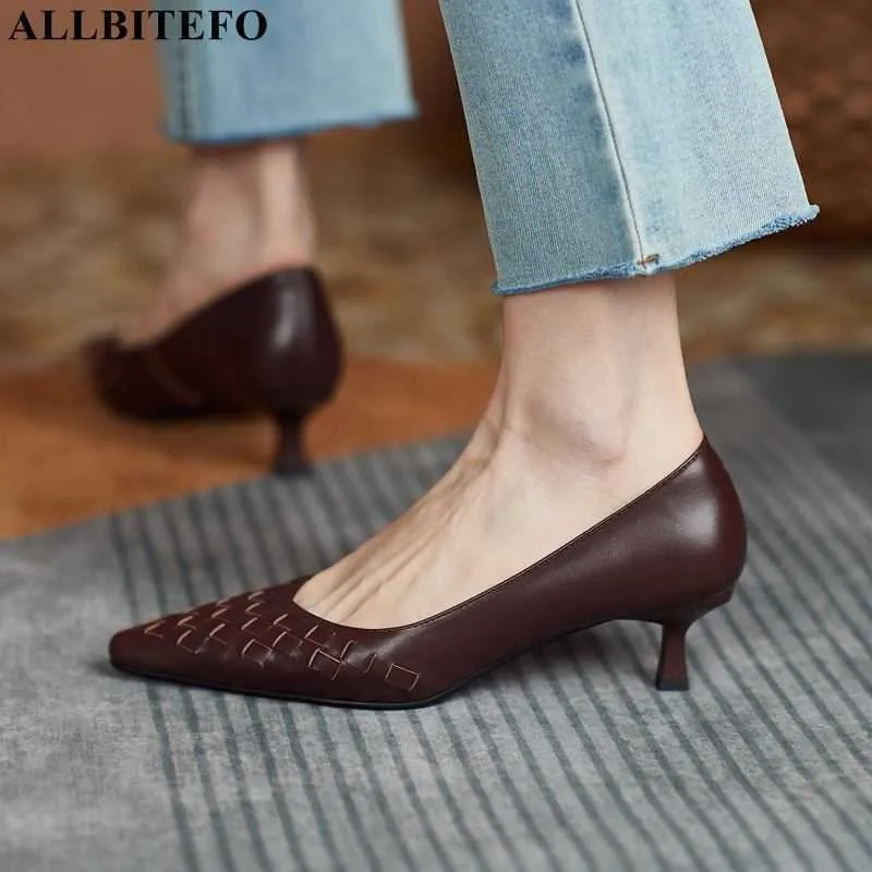 Allbitefo мода Weave натуральная кожа бренд высокие каблуки обувь женщин каблуки обувь офис женская обувь туфли hauts femme 210611