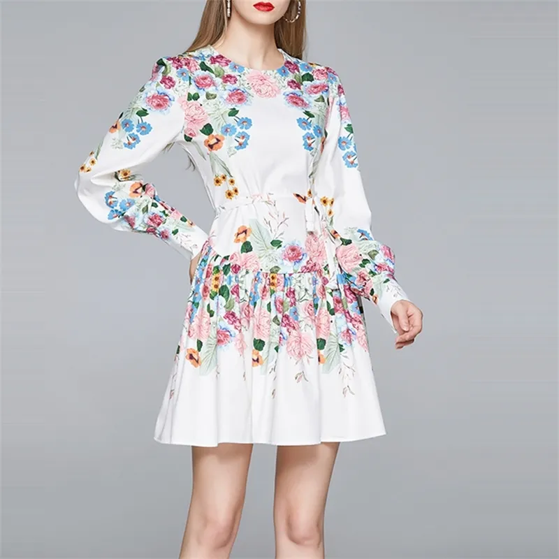 Mode Runway Höst Kvinnor Lantern Långärmad Multicolor Floral Print Dress Boho Holiday Beach Ladies Mini Dresses 210520