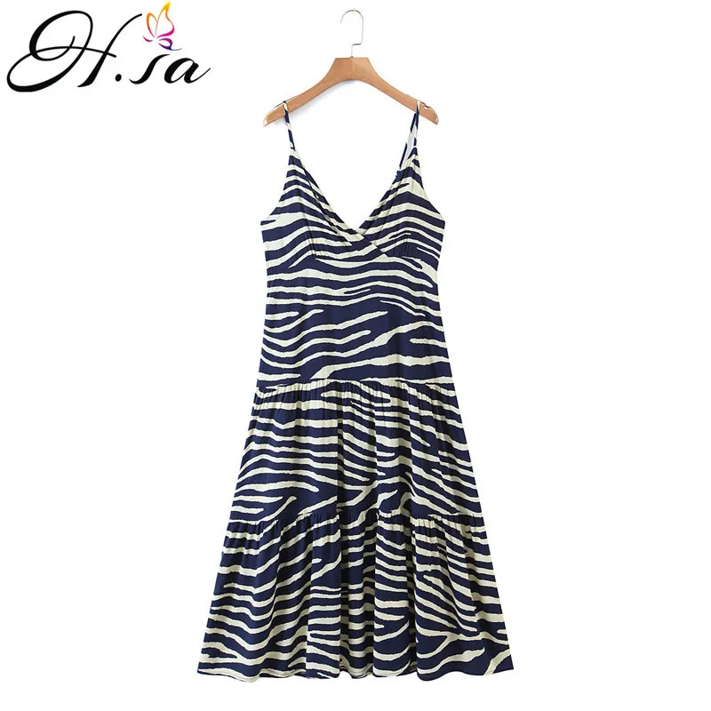 H.SA Women Fashion Print Summer Casual Boho Beach Vacation Dresses Elegant Ladies Sexy Backless Pleated Strap Dress 210417