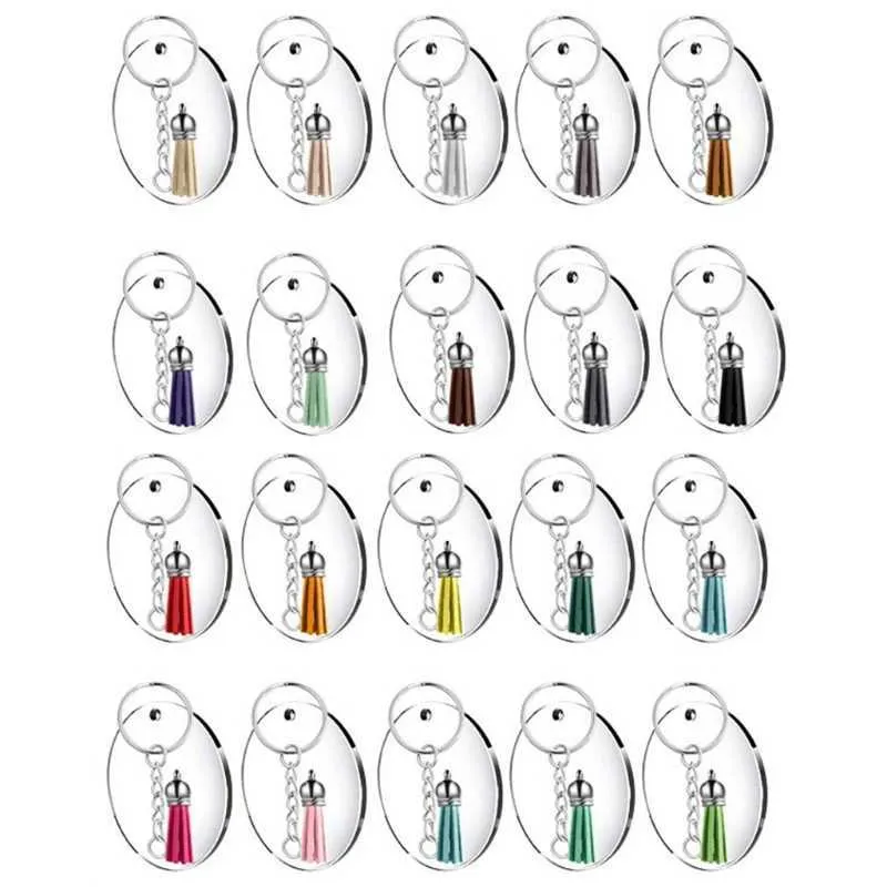 48 pièces porte-clés en acrylique vierges avec porte-clés ronds disques transparents cercles pendentif pompon coloré anneaux de saut pour projets de bricolage Craf G1019