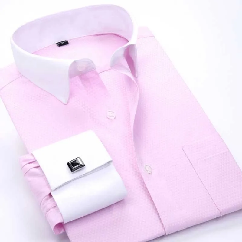 Różowy French Cufflinks Koszula Mężczyźni Marka Slim Fit Długim Rękawem Mężczyzna Sukienka Koszule Z Długim Rękawem Formalna Koszulka Ślubna Homme 210522