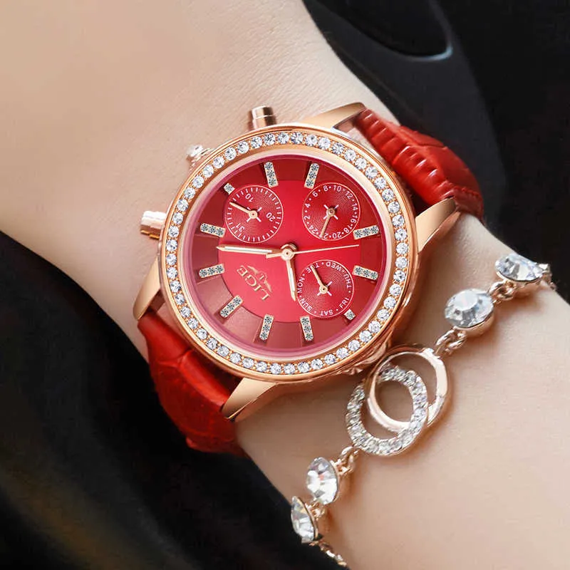 Relogio Feminino Women Watches Lige Luxury Brand Girl Quartz Watch Casual Läder Ladies Klänning Klockor Kvinnor Klocka Montre Femme 210527