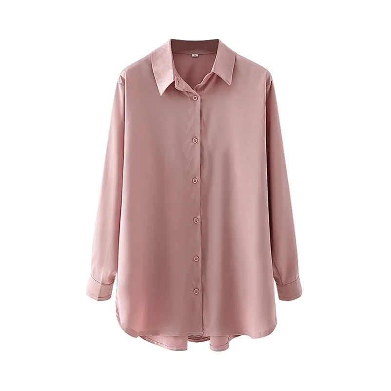 Camisas femininas elegantes de cetim rosa sólido Moda feminina blusas soltas com botão casual feminino chique gola virada para baixo 210527