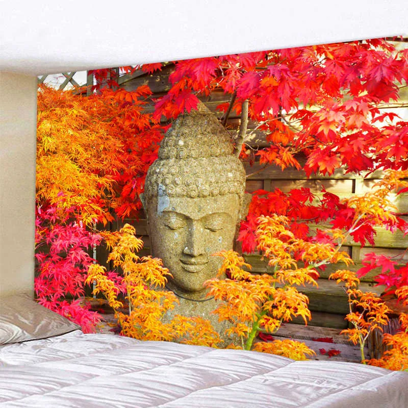 Röda och gula löv Buddha staty Polyestermur Hängande Tapestry Mandala Böhmen 5 Storlekar Travel Sleeping Pad Polyester Fabric 210609