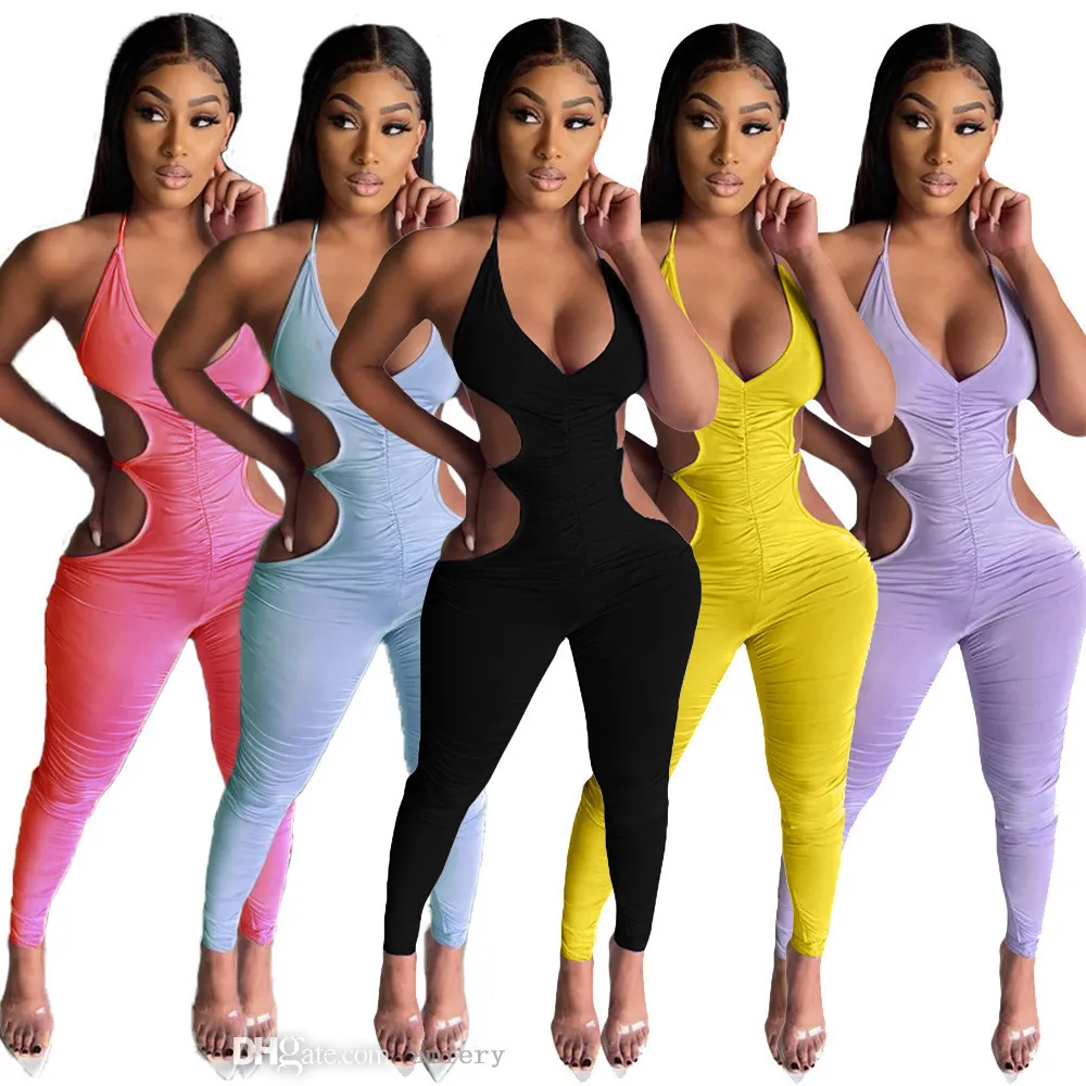 Summer Halter Bandage Shirred Jumpsuit With Hollow Out Design For