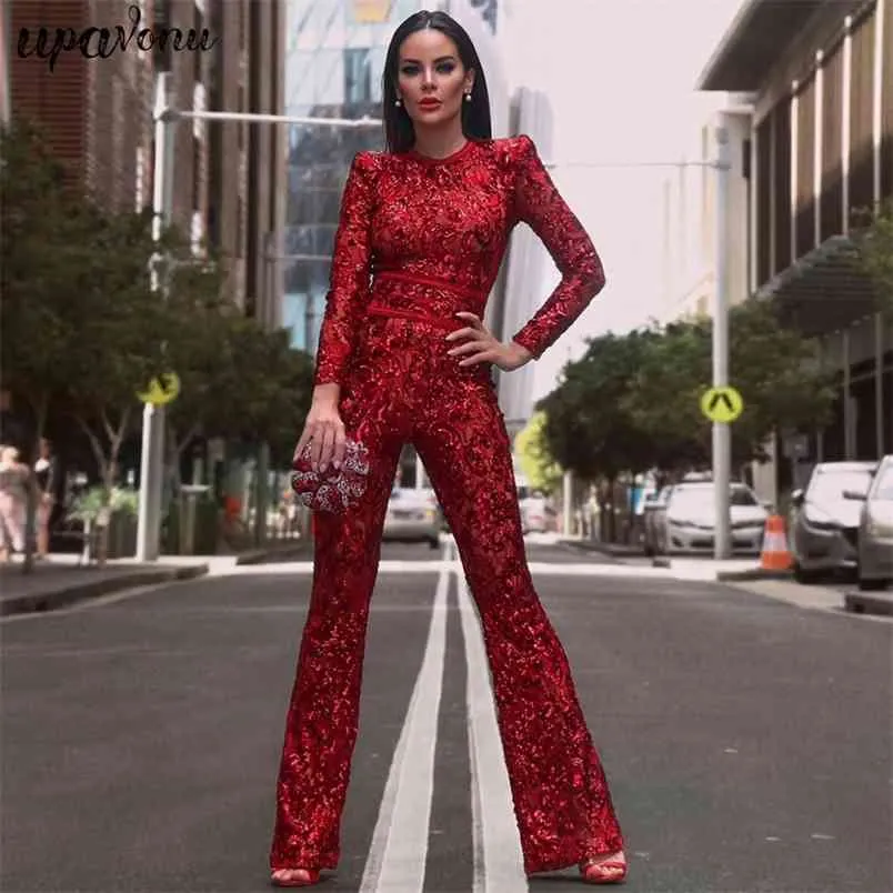 Gratis högkvalitativa kvinnor röd sequin jumpsuit o-neck långärmad bälte bodycon elegant klubb parti flare 210524