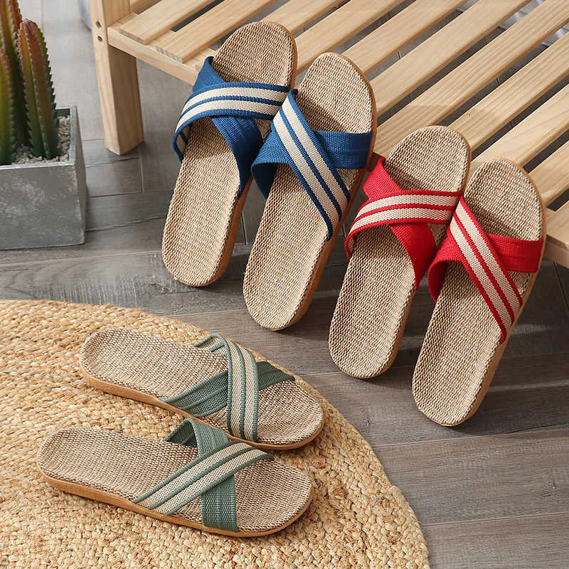 Summer slippers four seasons lovers indoor non-slip soft bottom not slip thick woven sandals