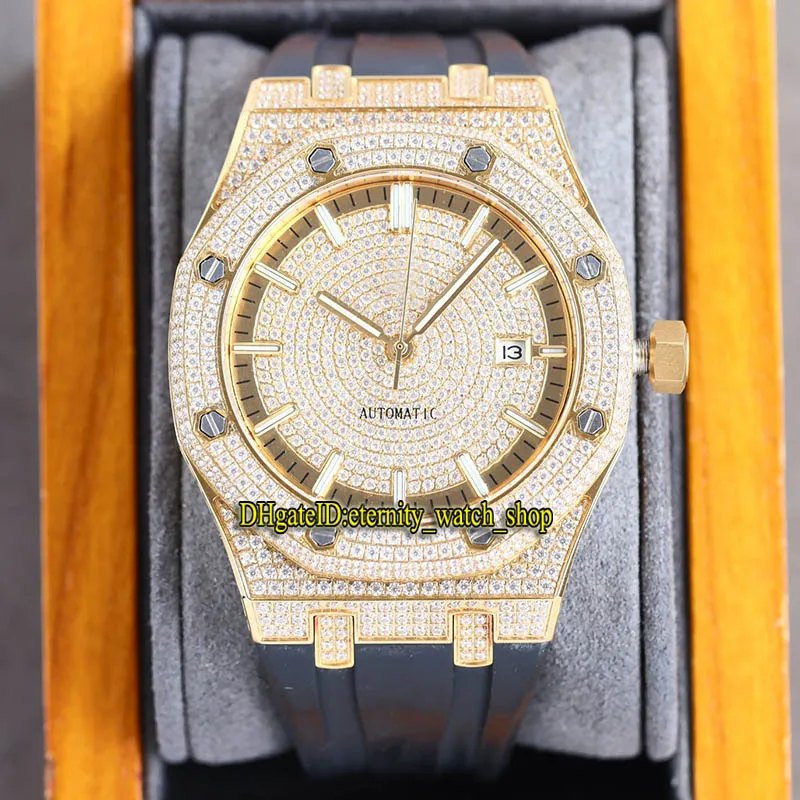 TWF Super BD15452 Paved Diamonds Japón Miyota Reloj automático para hombre Full Iced Out Diamond Dial Caja de acero dorado AA15710 Correa de caucho negro Joyas Relojes de eternidad