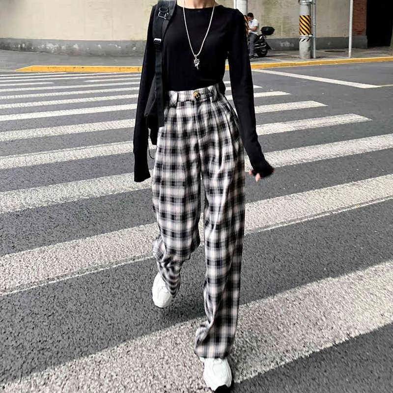 HOUZHOU Korean Style Plaid Pants Women Students Jokers Grid Black and White Checkered Loose Trousers 211124