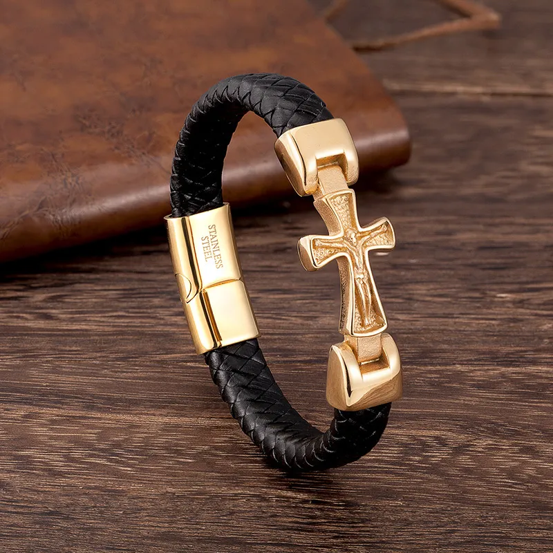 Bracelet en cuir véritable pour hommes, couleur or, croix, bijoux Punk faits à la main, bracelets porte-bonheur de luxe, fermoir magnétique, Gif entier