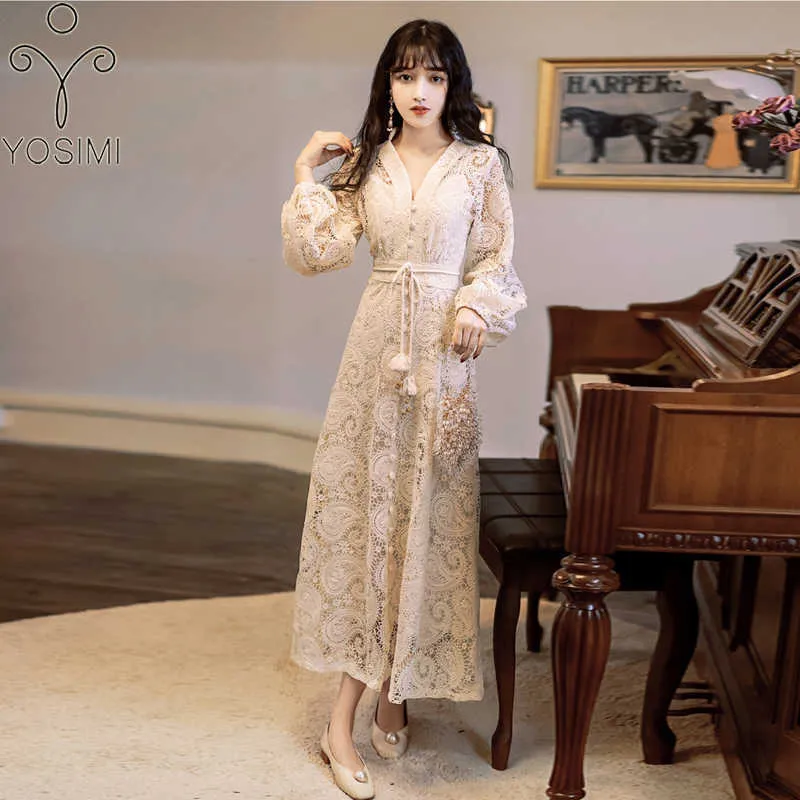 Yosimi Summer Khaki Lace Long Women Dress Maxi Vintage V-Neck A-Line Mid-Calf Lady Evening Party Sleeve Elegant 210604
