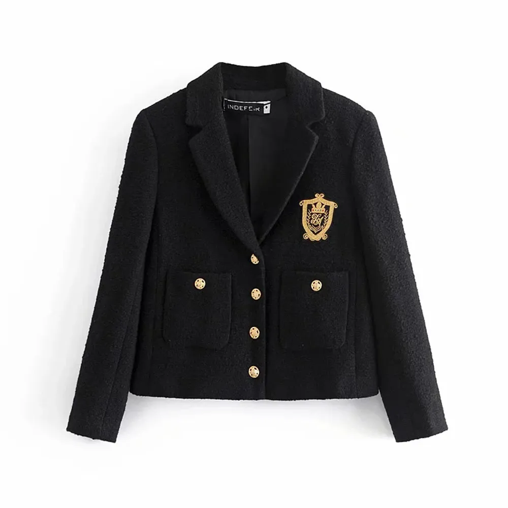 Mode Vintage College Style Kvinnor Svart Tweed Jacka Singelbröstficka Långärmad Kvinnlig Uniform Coat Casaco Femme 210520