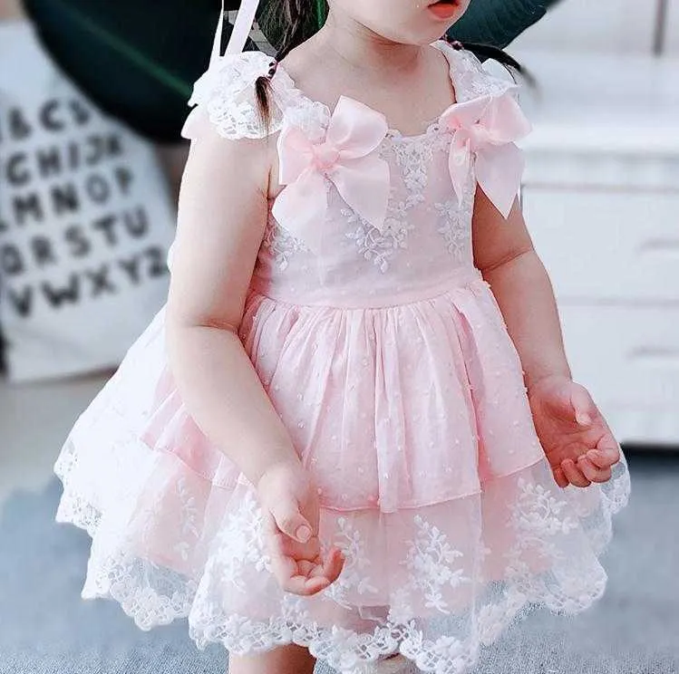 Children Boutique Clothing Little Girls Spanish Pink Lace Dresses Baby Girl Spain Lotia Frocks Infant Summer Baptism Dress 210615