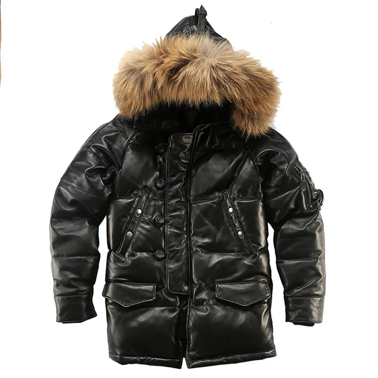 Veste en cuir véritable à capuche pour homme, manteau d'hiver, veste Slim, Parka d'oie des neiges, col en vraie fourrure, coupe-vent de neige, vêtements masculins, grande taille 2021, M-XXL