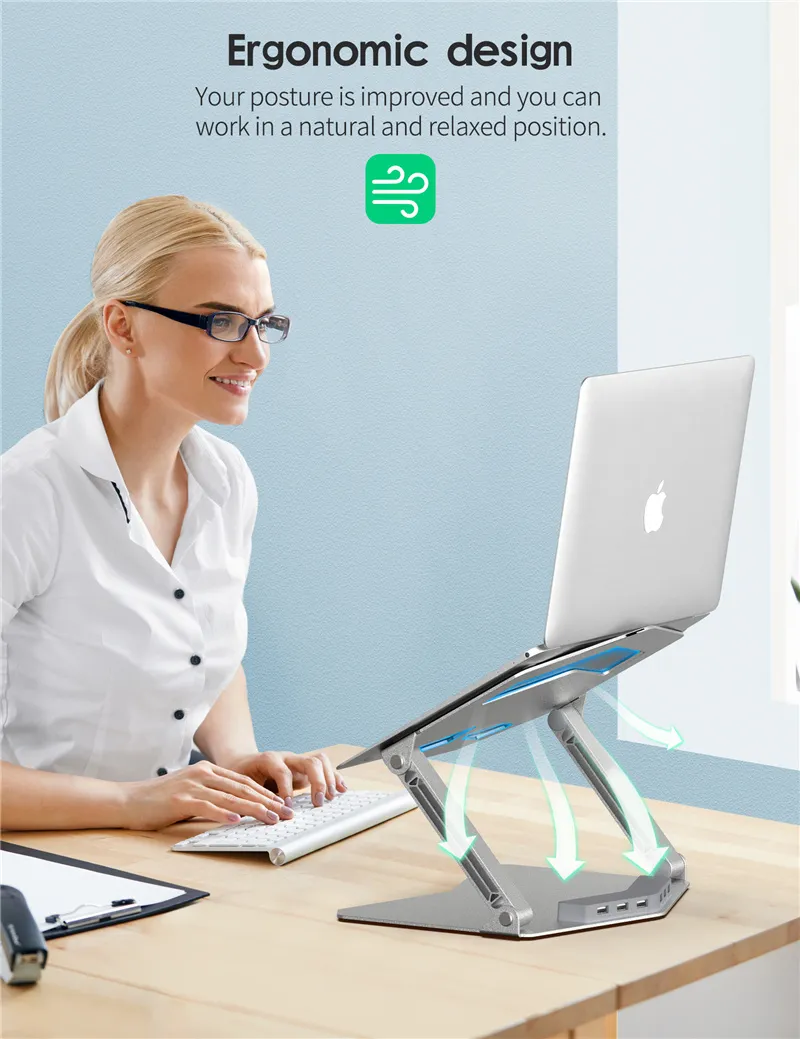 US stock Laptop Stand with USB Ports, Adjustable Rise Notebook Holder Ergonomic Aluminum for MacBook Notebook Computer and More Type-C Device