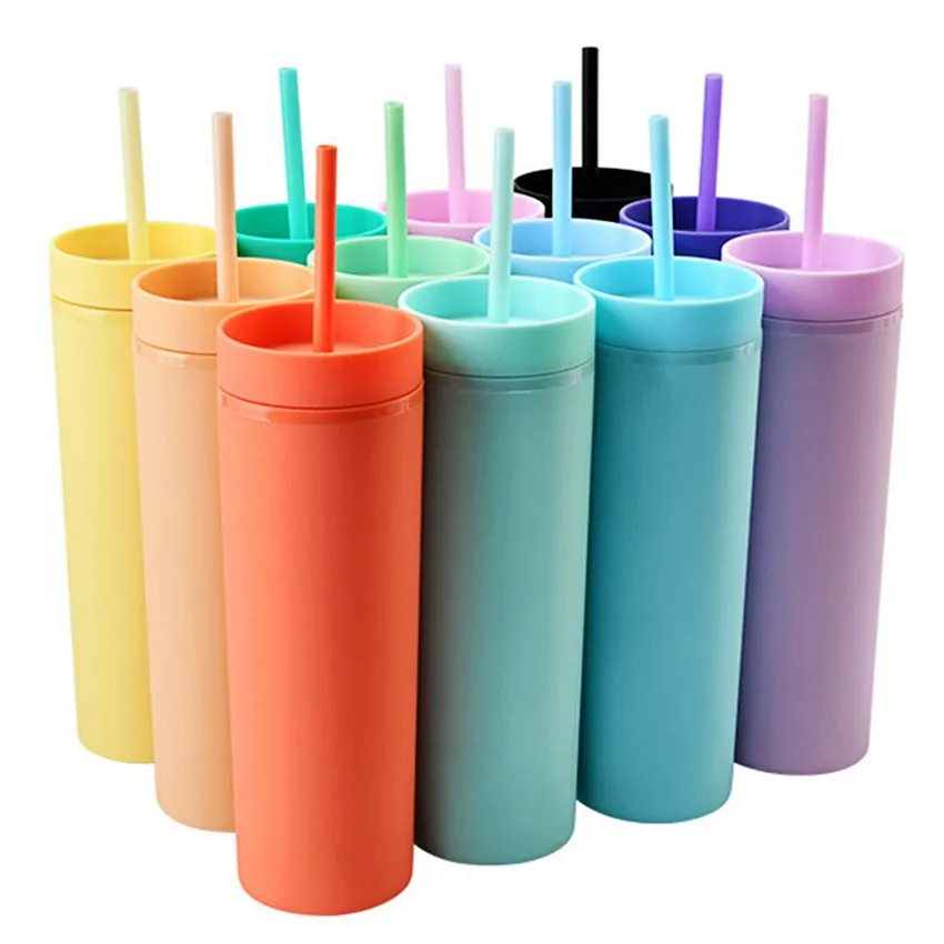 US Local Warehouse! 16oz Acrylic Skinny Straight Tumbler with Lid and Colorful Straw Double Wall Plastic Matte Water Bottle Reusabel Protable Travel Cups B4