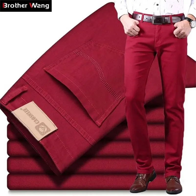 Klassisk stil Mäns Vin Röd Jeans Mode Business Casual Straight Denim Stretch Trousers Male Brand Pants 211120
