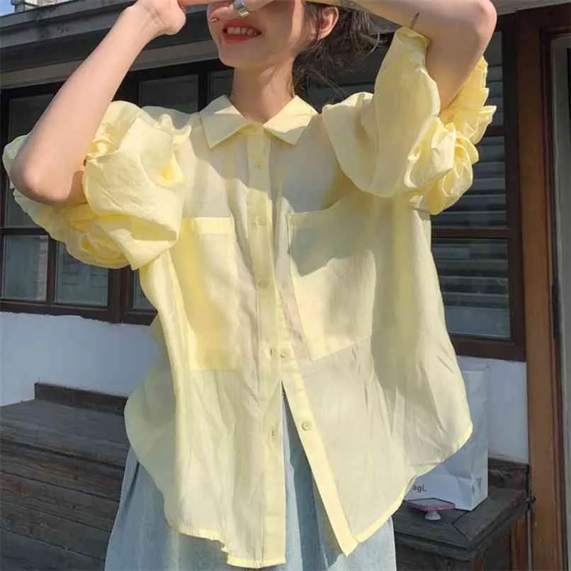 Chic Korean Version Bubble Sleeve Shirt Women's Summer Thin Loose-fitting Outer Design Short-sleeved BLOUSE Top 210529