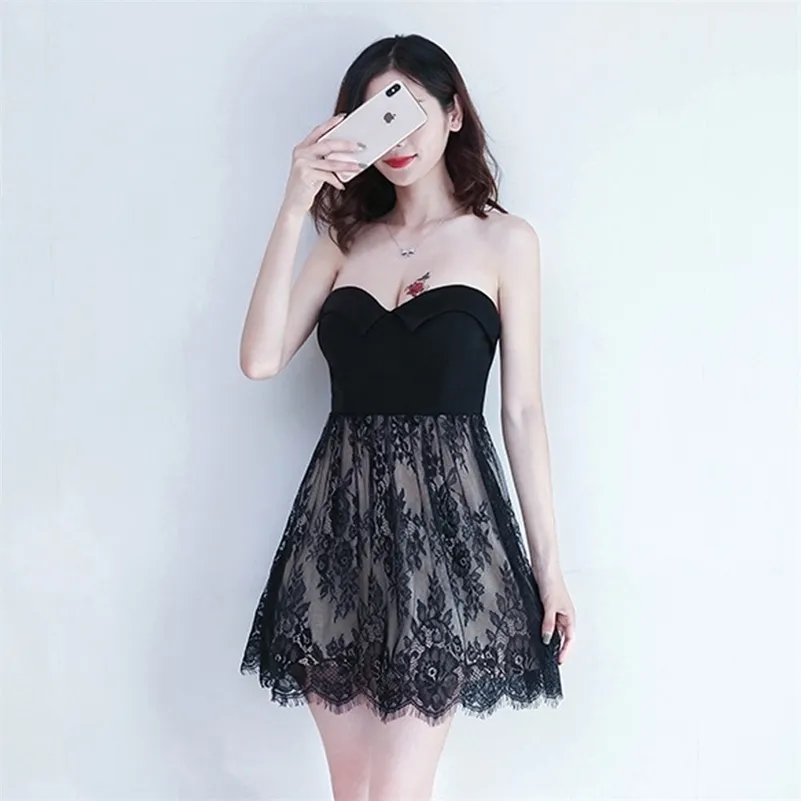 Nightclub women's waist low-cut deep V tube top sexy dress Office Lady Polyester Sheath Sleeveless Lace Zippers 210416