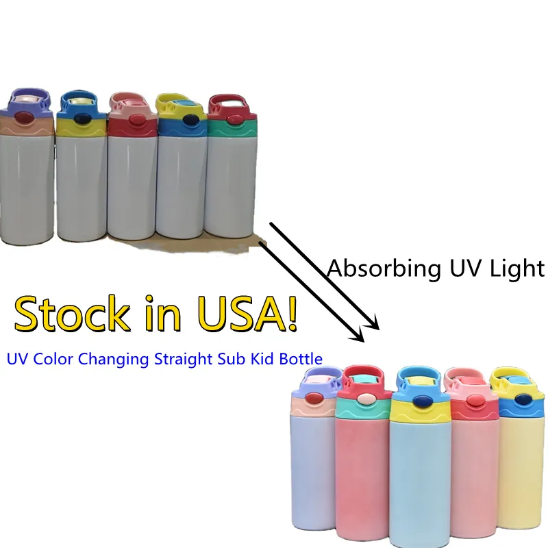 USA STOCKED! UV Color Changing Bottle 12oz Sublimation Straight Kids Sippy Cups Stainless Steel Double Wall Insulated Vacuum Sunshine Light Sensing Tumblers DIY