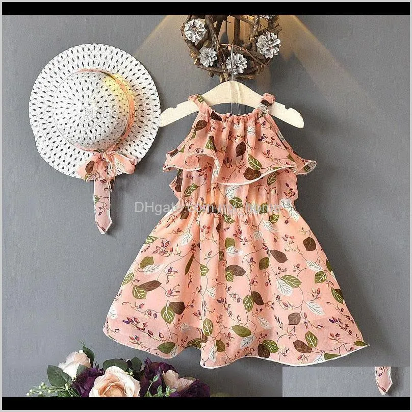 summer new children`s dress girls leaves chiffon sleeveless holiday bohemian dress with hat 2 pieces