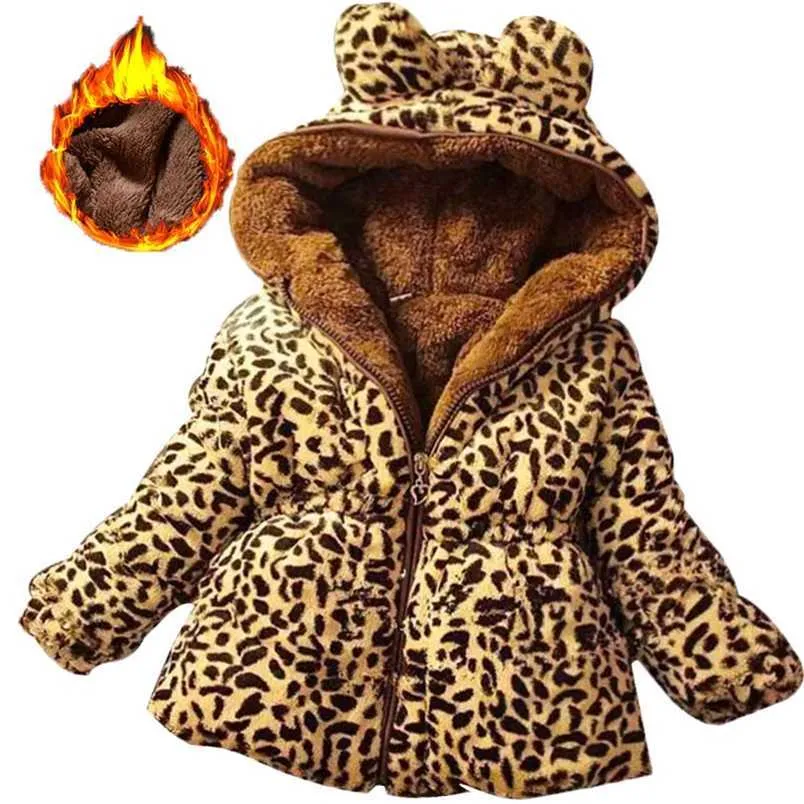 Winter volle Hülse Leopard Faux Pelzkragen Kinder Mädchen Mantel Jacke Baby Mädchen Oberbekleidung mit Kapuze Säuglingskleidung dicke warme 211203