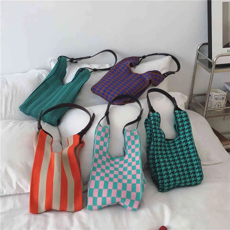 Knitted Checkerboard Bag New Leather Shoulder Belt Single Shoulder Woven Bag Black and White Checkerboard Underarm Bag